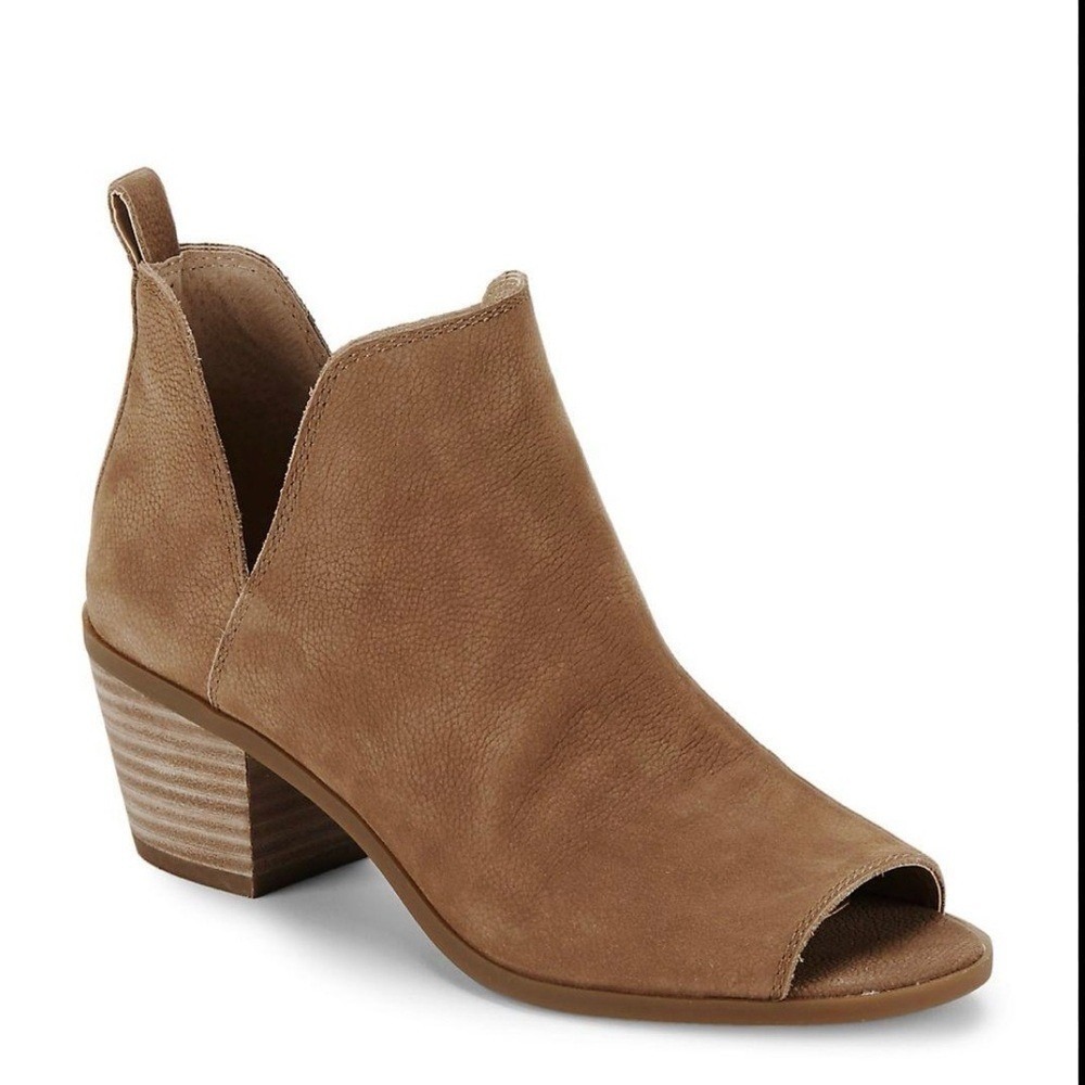 Lucky Brand Womens Booties 8.5 Leather Brown Open Toe Peep Block Heel Cutout